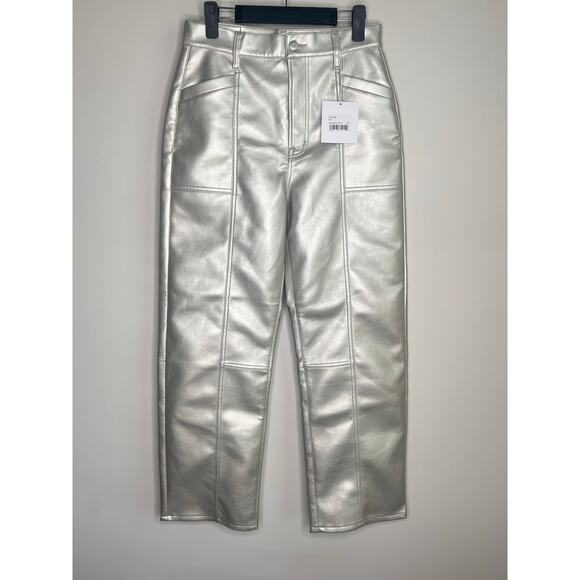 Pistola NWT Taylor High Rise Barrel Leg Party Faux Leather Pants Metallic Silver - Picture 4 of 13